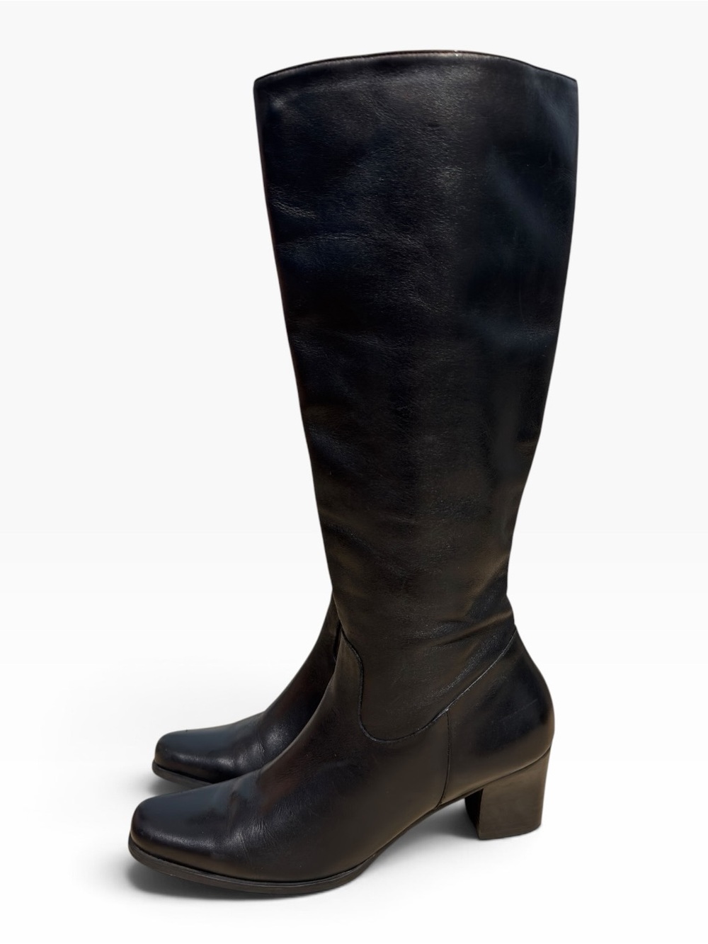 Liz Claiborne Black Leather Knee High Boots Womens 10 Block Heel Classic Zip
